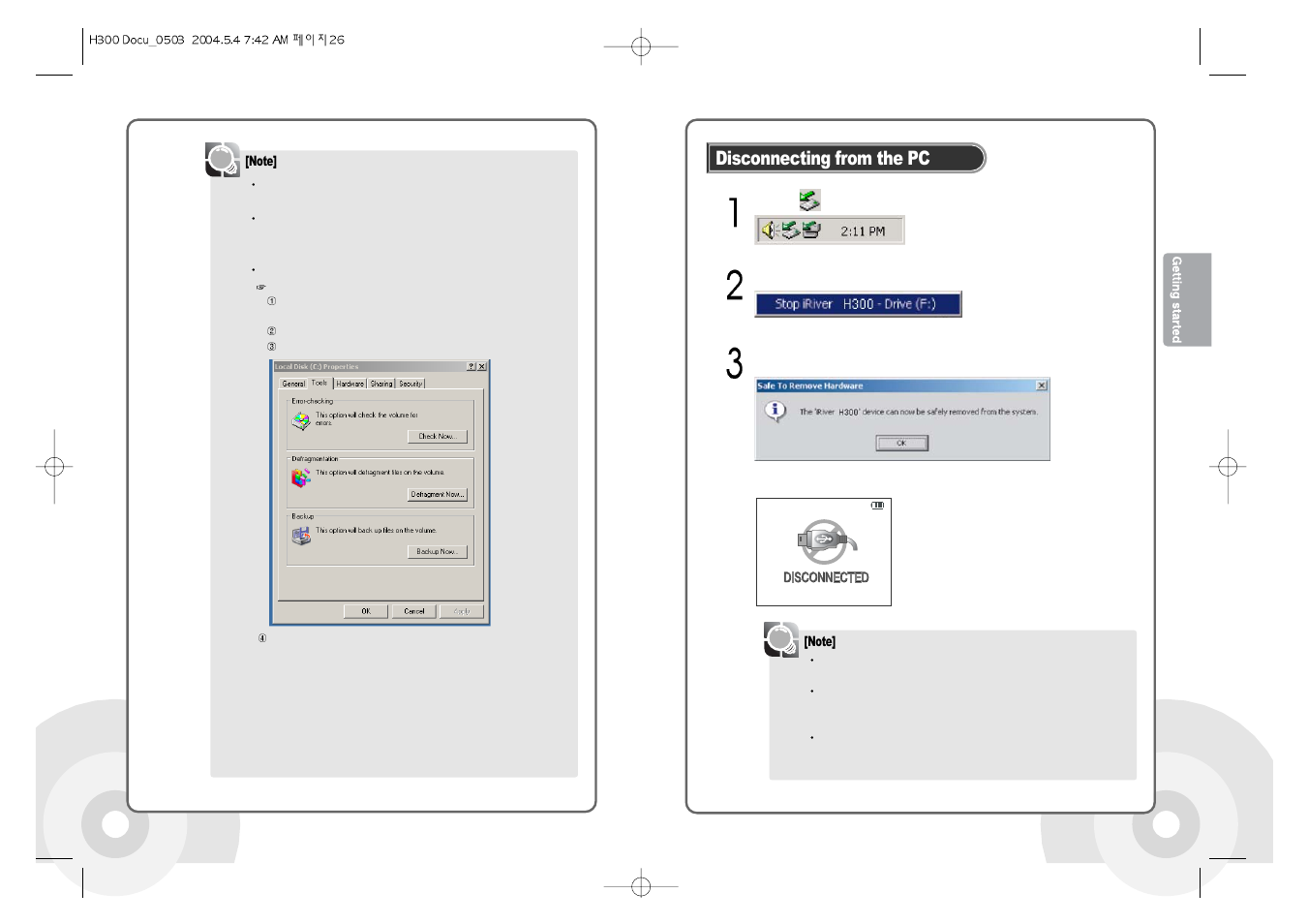 Disconnecting from the pc | iRiver PORTABLESTORAGEDEVICE & MULTI-CODECJUKEBOX H300 User Manual | Page 15 / 44