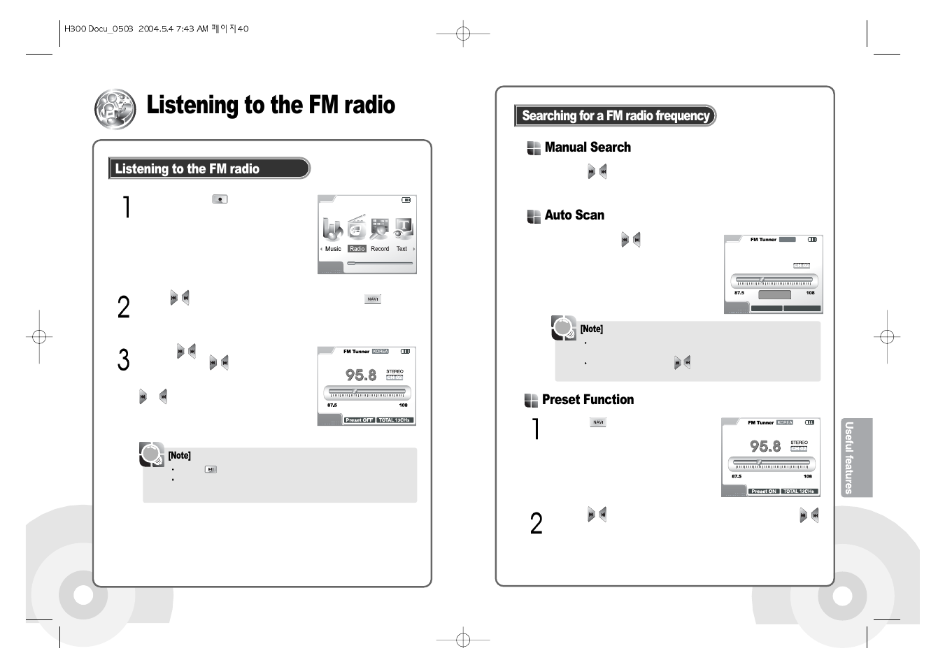 Listening to the fm radio, Manual search searching for a fm radio frequency, Auto scan | Preset function | iRiver PORTABLESTORAGEDEVICE & MULTI-CODECJUKEBOX H300 User Manual | Page 22 / 44