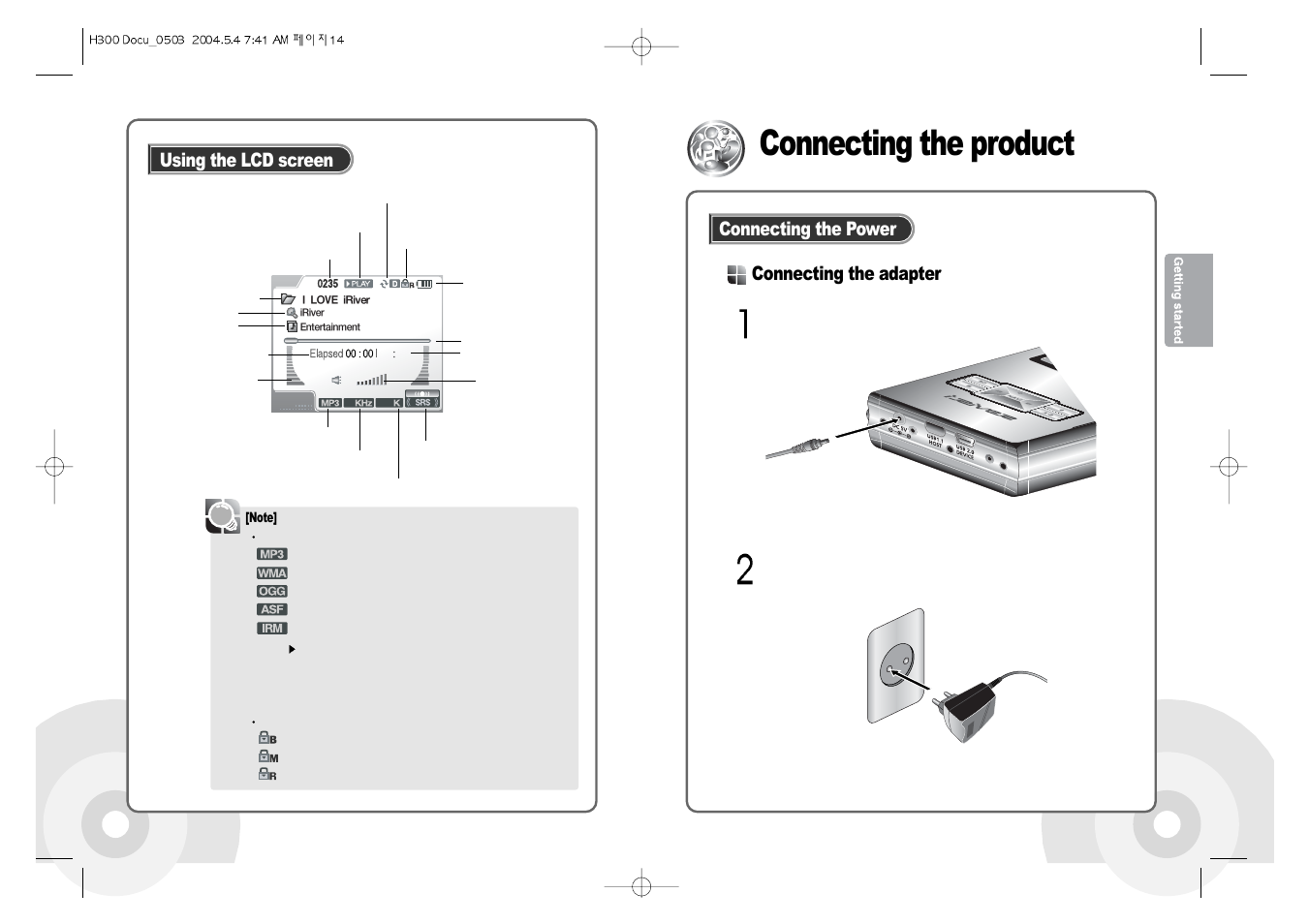 Connecting the product, Using the lcd screen, Connecting the adapter connecting the power | iRiver PORTABLESTORAGEDEVICE & MULTI-CODECJUKEBOX H300 User Manual | Page 9 / 44