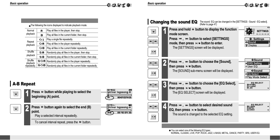 Music, A-b repeat, Changing the sound eq | iRiver T20 User Manual | Page 14 / 37