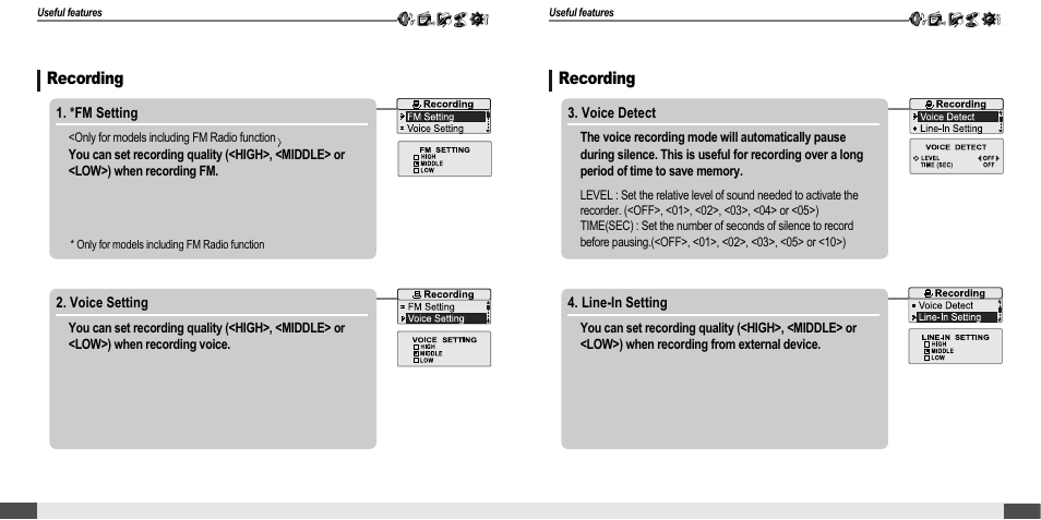 Customizing the function settings (menu), Recording | iRiver T20 User Manual | Page 28 / 37
