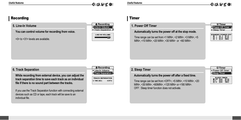 Listening to music, Customizing the function settings (menu), Recording | Timer | iRiver T20 User Manual | Page 29 / 37