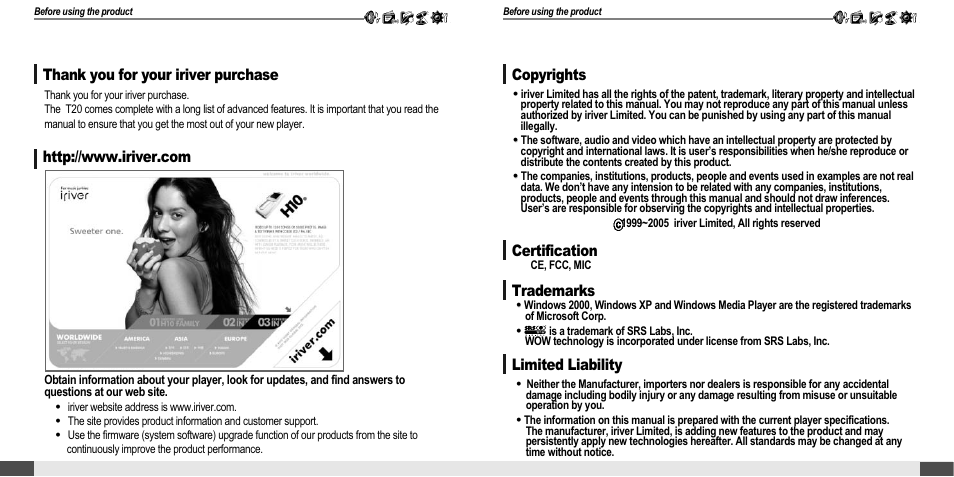 Welcome | iRiver T20 User Manual | Page 3 / 37