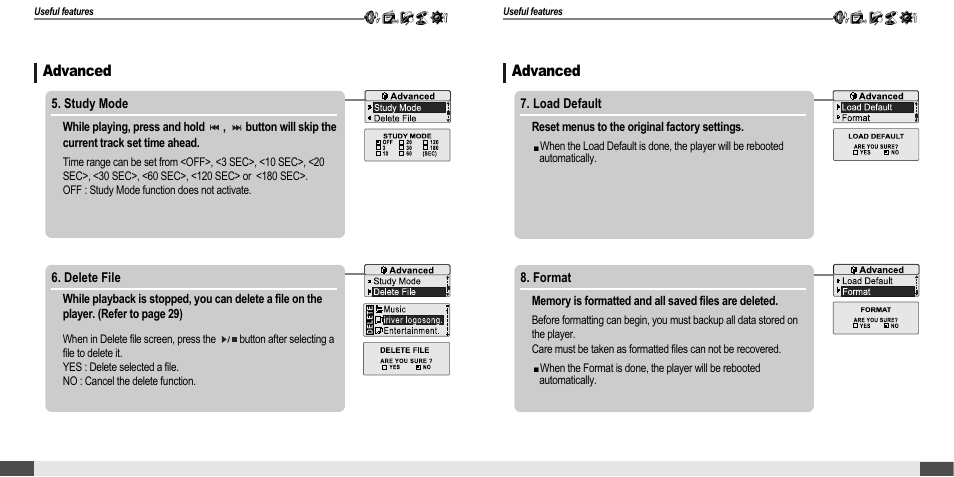 Customizing the function settings (menu), Advanced | iRiver T20 User Manual | Page 32 / 37