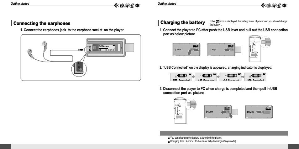 Connecting the earphones connection/installation, Connection/installation, Charging the battery | iRiver T20 User Manual | Page 8 / 37