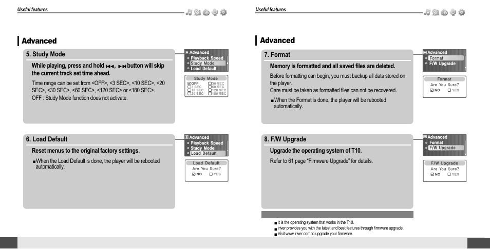 Customizing the function settings (menu), Advanced | iRiver T10 User Manual | Page 30 / 35