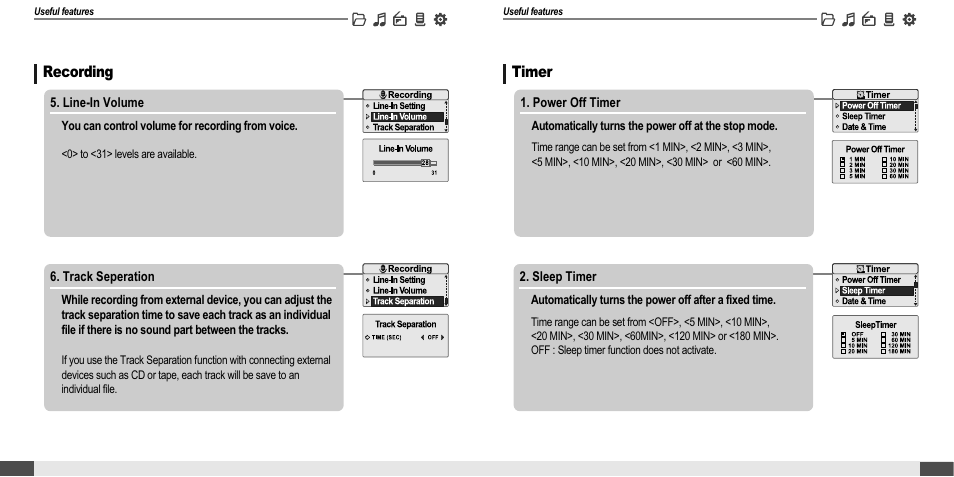 Listening to music, Customizing the function settings (menu), Recording | Timer | iRiver MP3 Player T30 User Manual | Page 29 / 37
