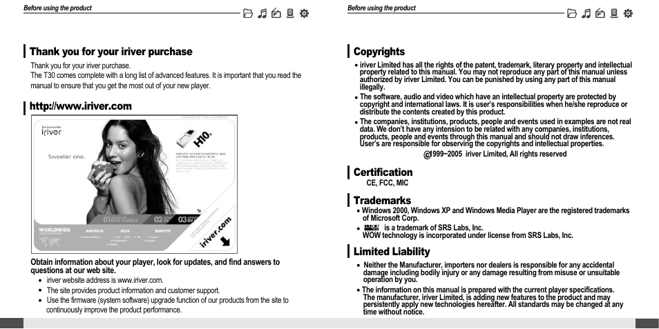 Welcome | iRiver MP3 Player T30 User Manual | Page 3 / 37