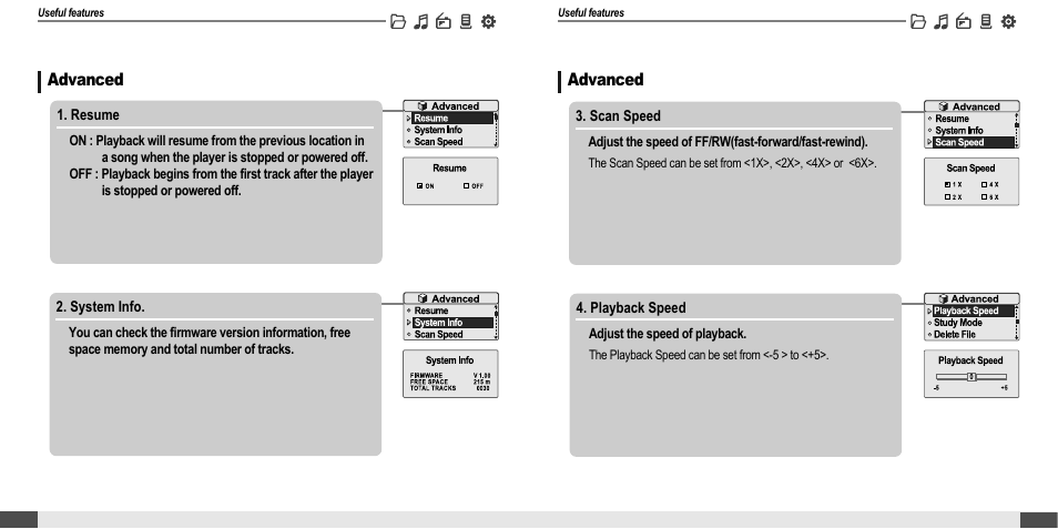 Customizing the function settings (menu), Advanced | iRiver MP3 Player T30 User Manual | Page 31 / 37