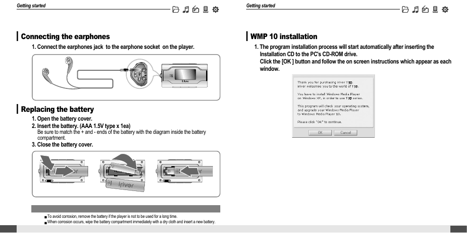 Connecting the earphones connection/installation, Replacing the battery connection/installation, Wmp 10 installation | iRiver MP3 Player T30 User Manual | Page 8 / 37