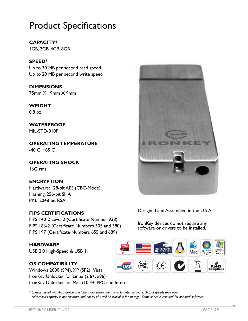 Product specifications | IronKey Personal User Manual | Page 30 / 32