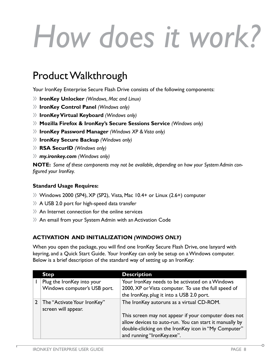 How does it work, Product walkthrough | IronKey Secure Flash Drive Enterprise User Manual | Page 9 / 32
