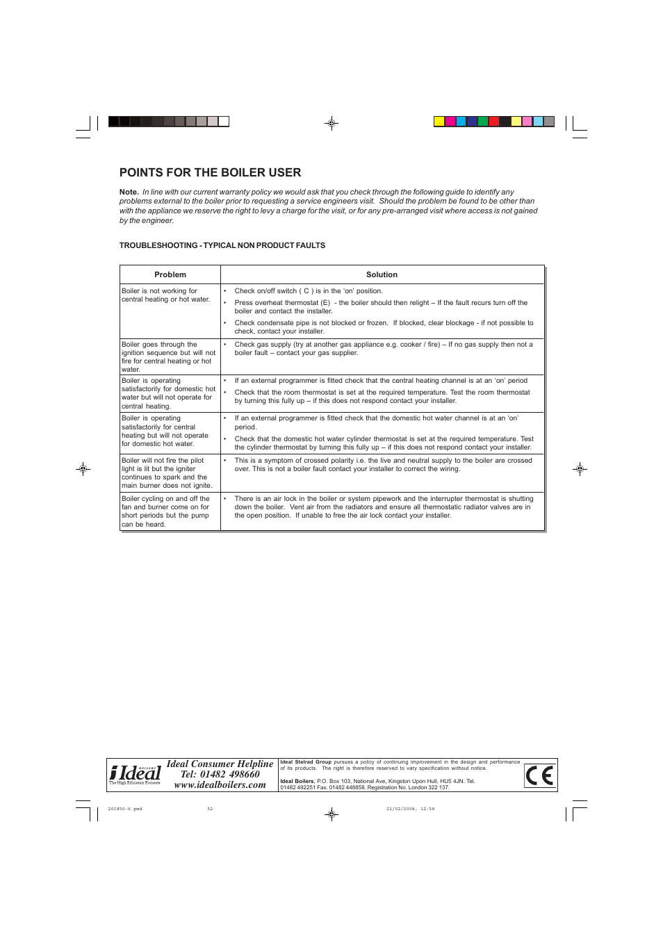 Points for the boiler user | IDEAL INDUSTRIES CLASSIC HE18 User Manual | Page 52 / 52