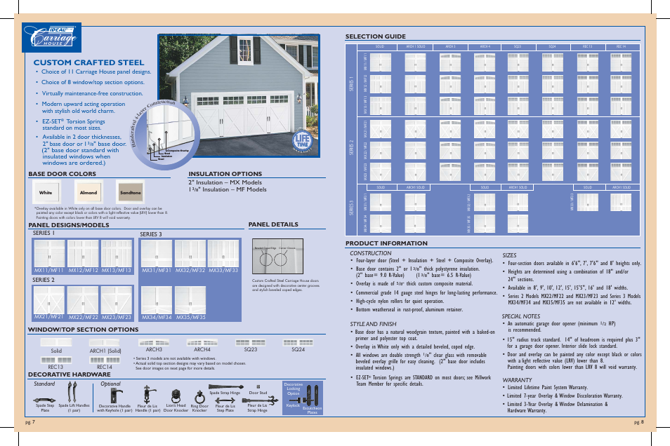 31108 spread 7-8 v1r0, Arriage, Life | Custom crafted steel, 2" insulation – mx models 1, Base= 6.5 r-value) • overlay is made of, Standard optional, Base door colors, Selection guide | IDEAL INDUSTRIES Series 3 Models MF35 User Manual | Page 5 / 6