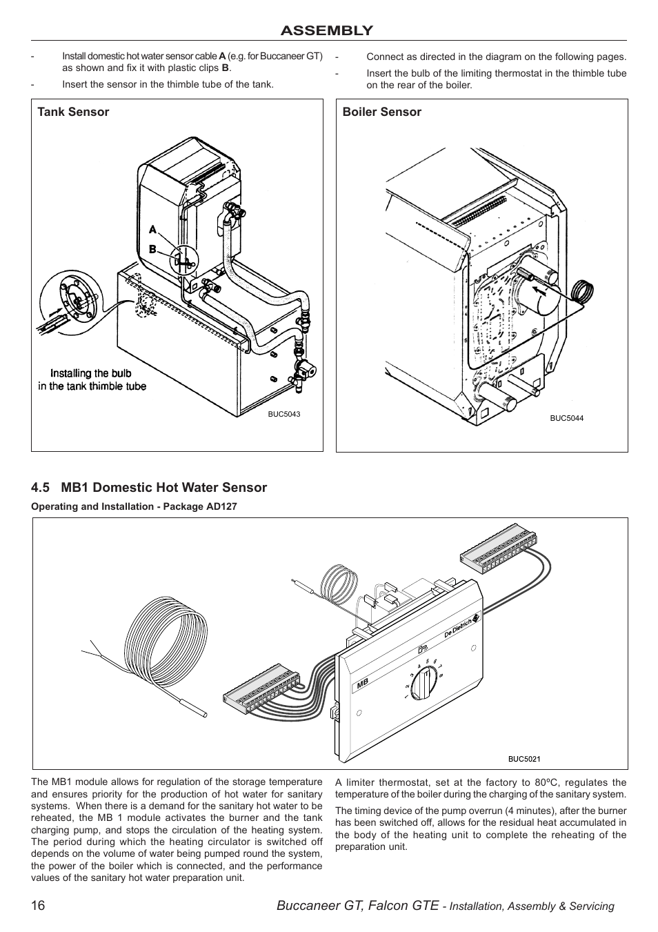 16 buccaneer gt, falcon gte, Assembly, 5 mb1 domestic hot water sensor | Tank sensor boiler sensor | IDEAL INDUSTRIES BUC5034 User Manual | Page 16 / 24