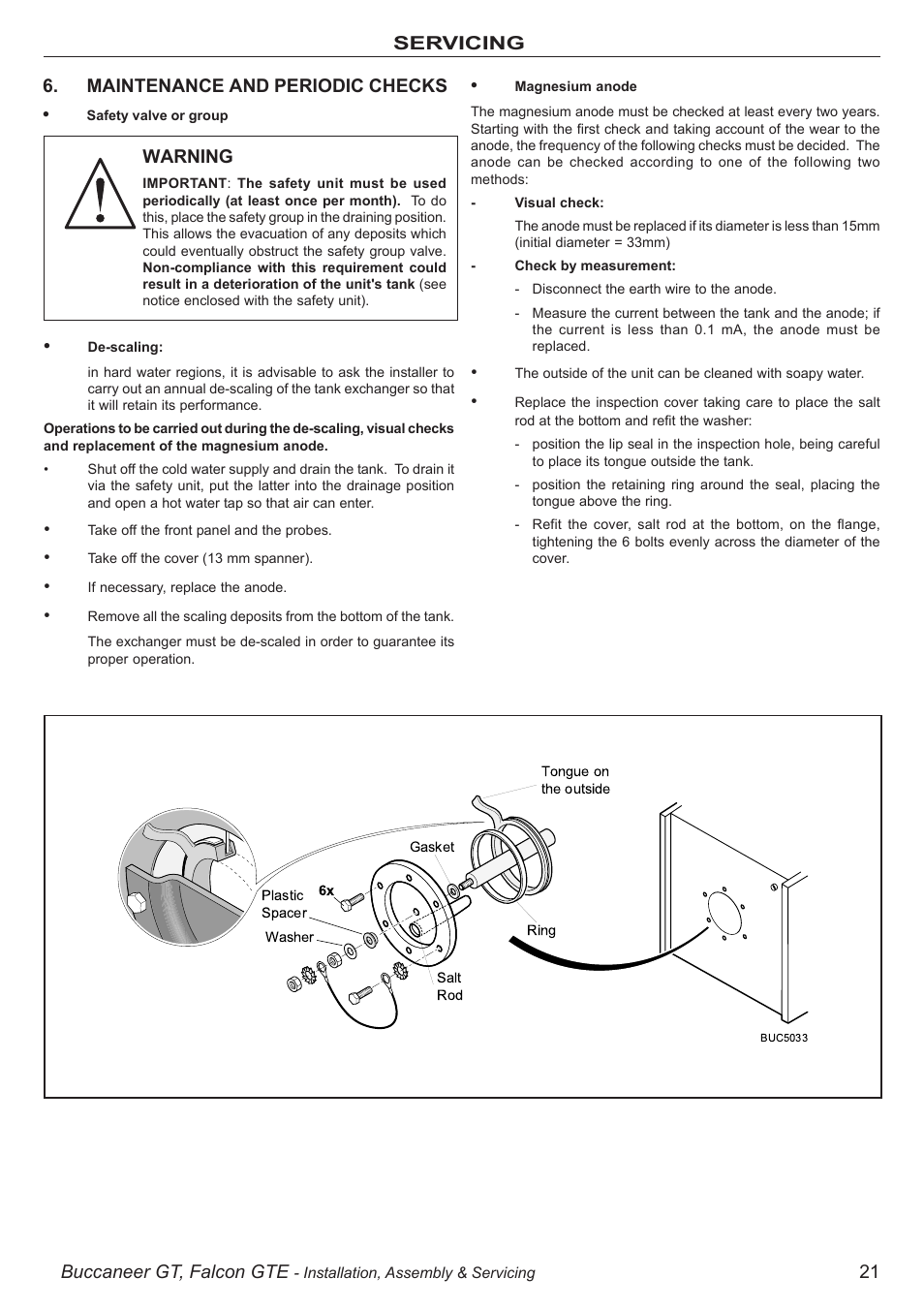 Buccaneer gt, falcon gte, 21 servicing 6. maintenance and periodic checks, Warning | IDEAL INDUSTRIES BUC5034 User Manual | Page 21 / 24