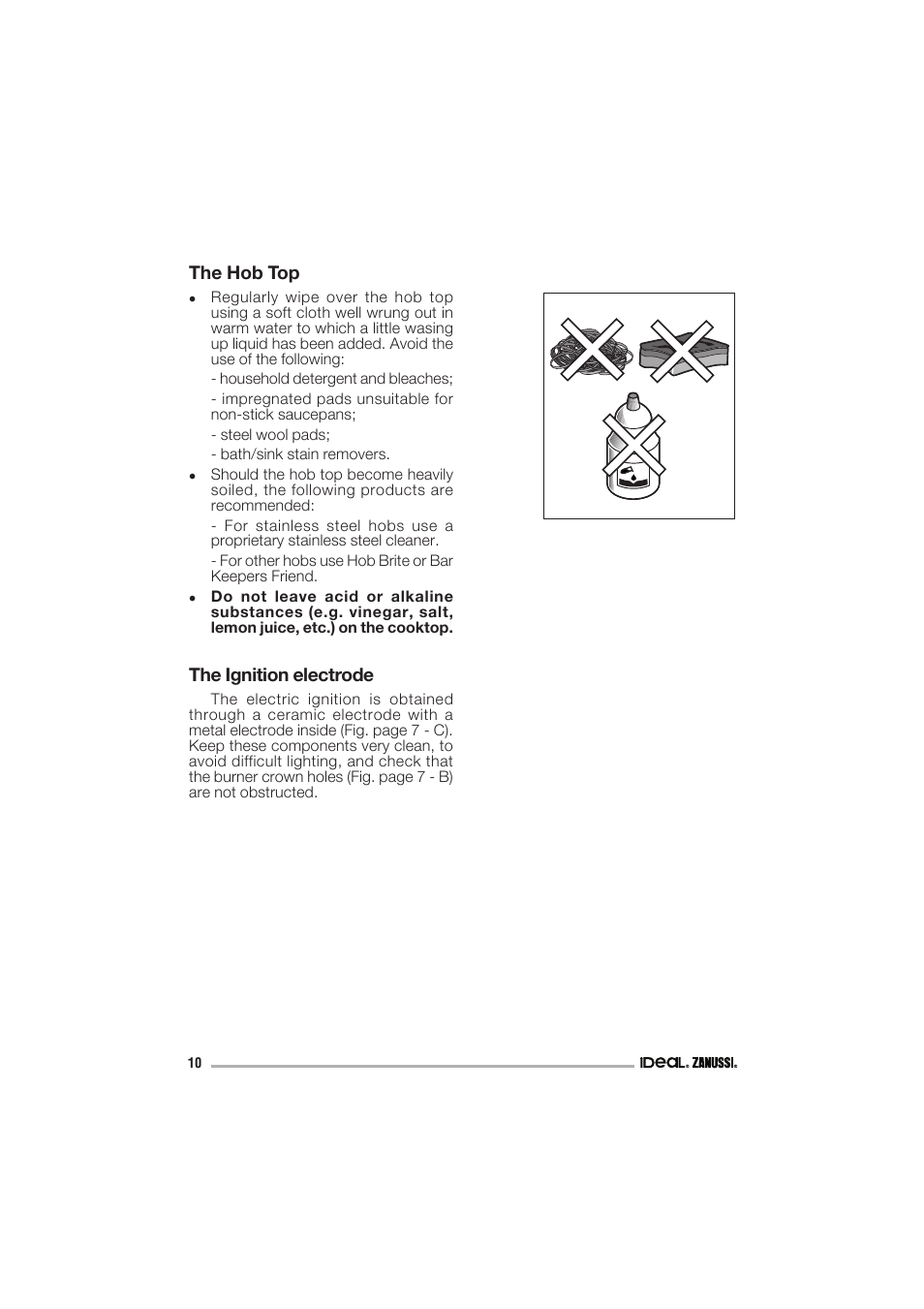 The hob top, The ignition electrode | IDEAL INDUSTRIES IZGS 68 ICTX User Manual | Page 10 / 20