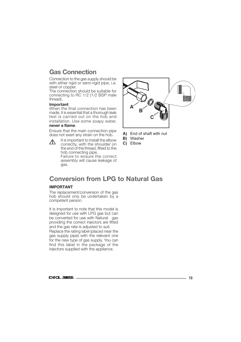 Gas connection, Conversion from lpg to natural gas | IDEAL INDUSTRIES IZGS 68 ICTX User Manual | Page 13 / 20