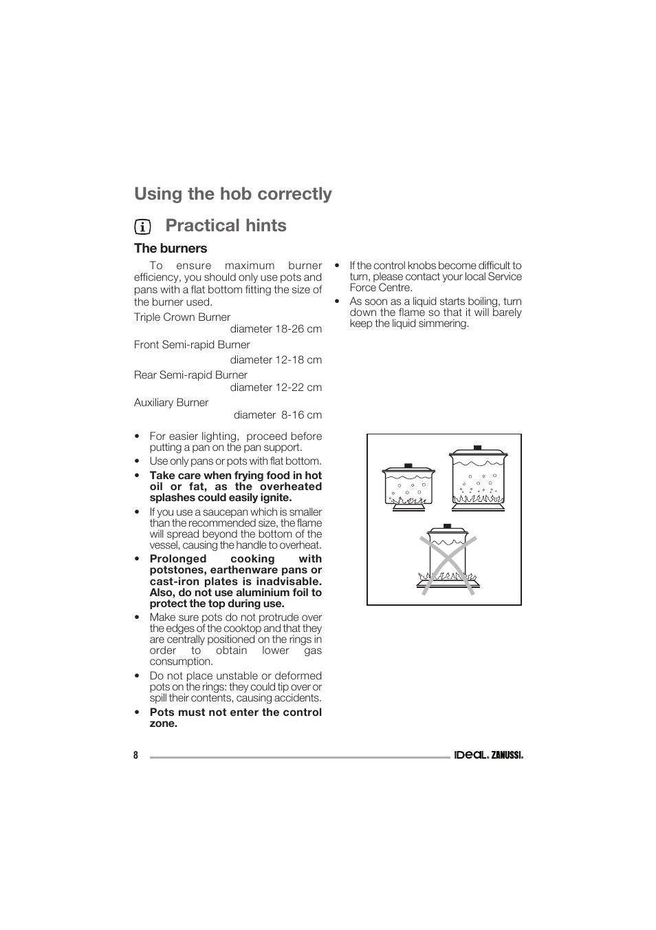 Using the hob correctly practical hints | IDEAL INDUSTRIES IZGS 68 ICTX User Manual | Page 8 / 20