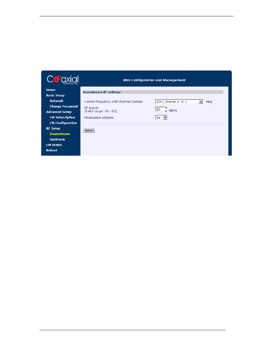 Configuring downstream rf settings | I.R.I.S. DC1100 User Manual | Page 28 / 60