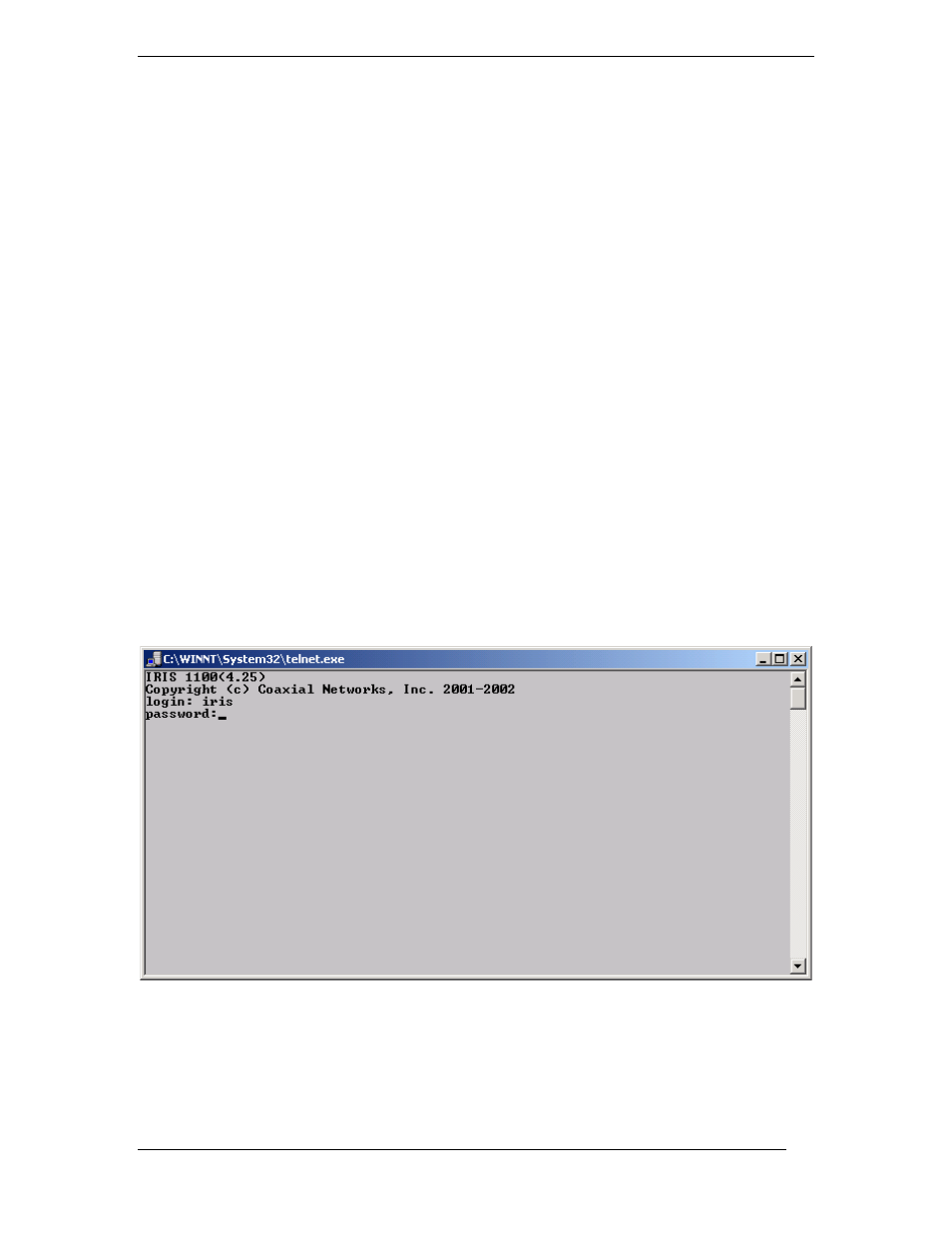 Iris cli interface using telnet, Connecting from the cable interface, Telnet to iris | Connecting from serial console | I.R.I.S. DC1100 User Manual | Page 35 / 60