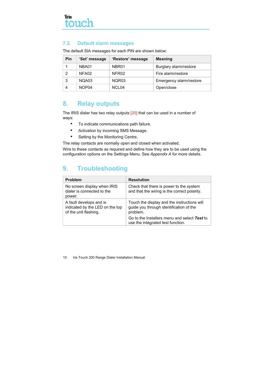 Relay outputs, Troubleshooting | I.R.I.S. Touch 200 User Manual | Page 15 / 20
