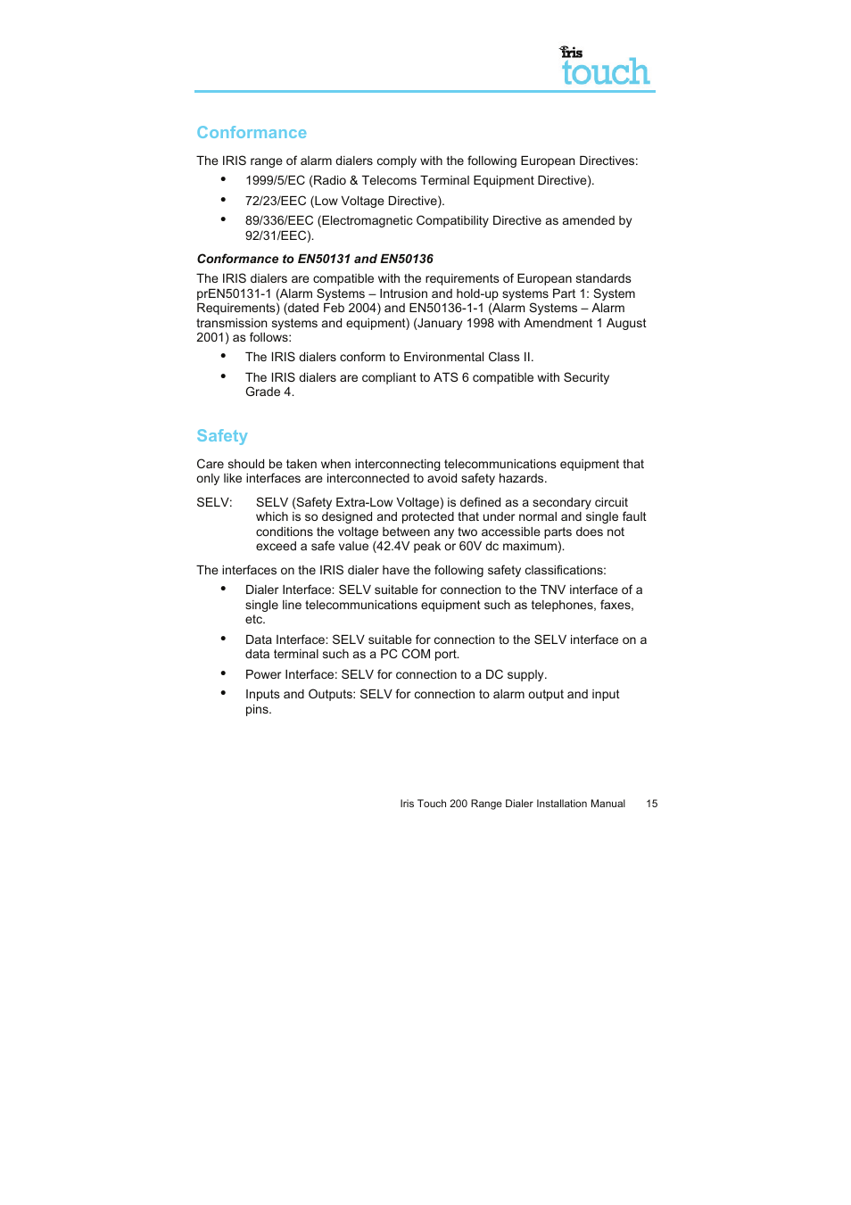 Conformance, Safety | I.R.I.S. Touch 200 User Manual | Page 20 / 20