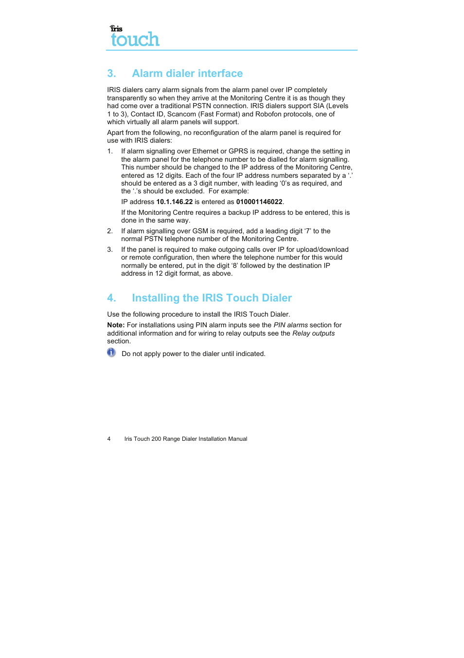 Alarm dialer interface, Installing the iris touch dialer | I.R.I.S. Touch 200 User Manual | Page 9 / 20