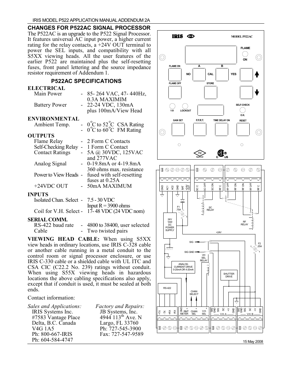 C to 52, C csa rating - 0, C to 60 | Iris model p522 application manual addendum 2a | I.R.I.S. FLAME MONITORING SYSTEM P522 User Manual | Page 41 / 42
