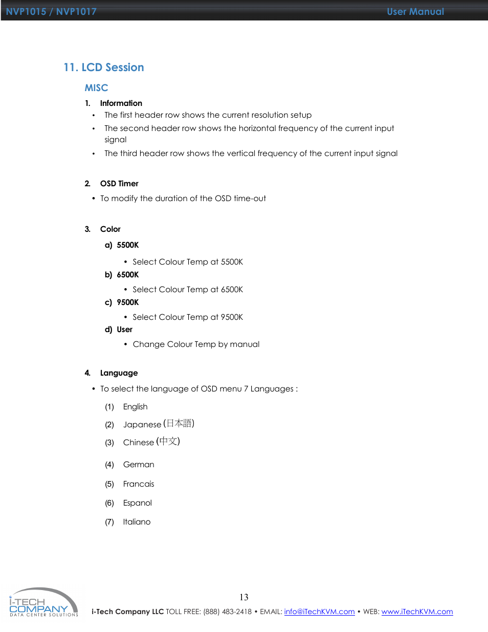 Lcd session | I-Tech Company NVP1017 User Manual | Page 14 / 33