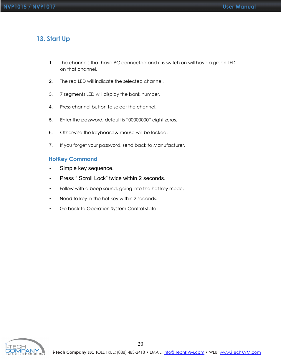 Start up | I-Tech Company NVP1017 User Manual | Page 21 / 33