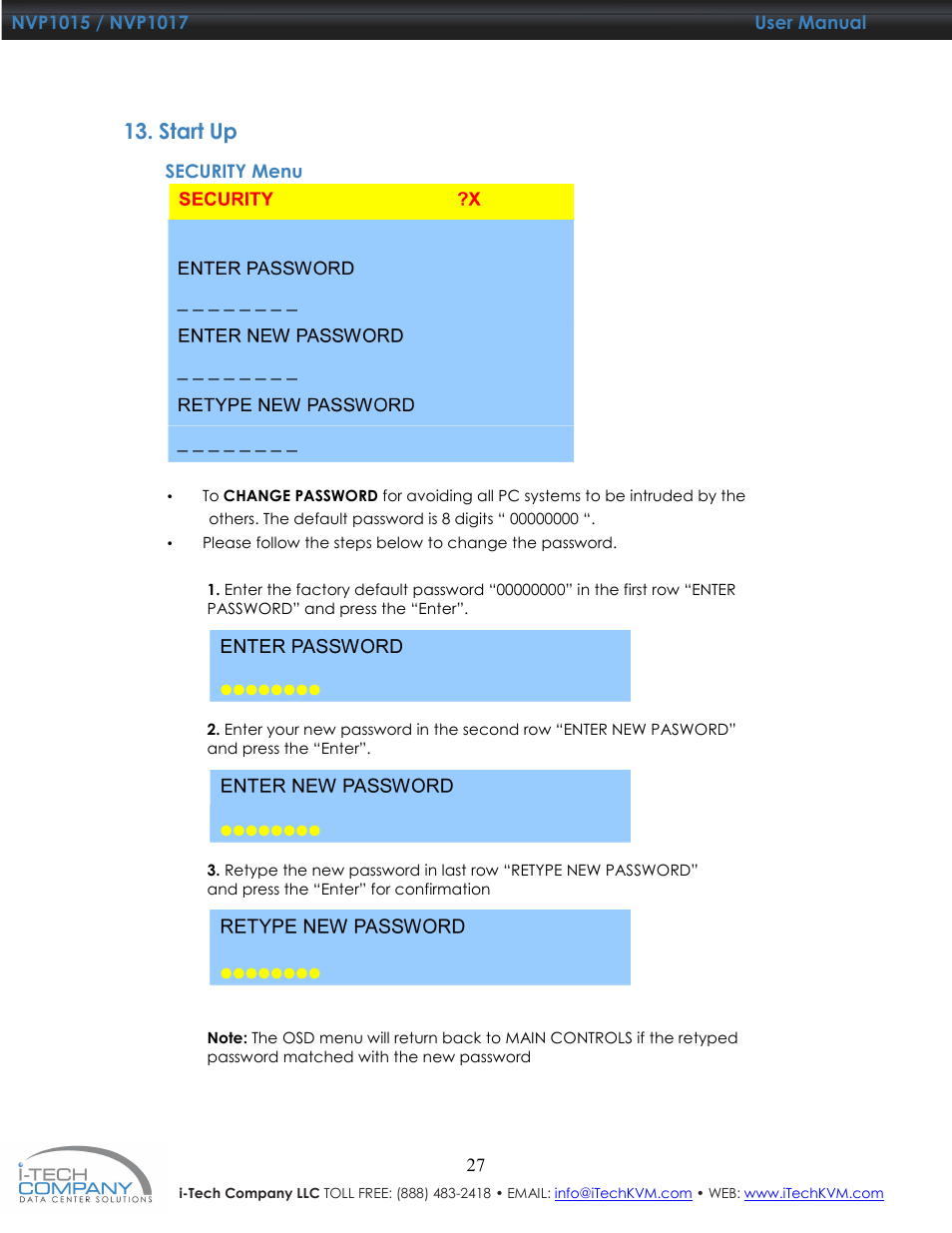 Start up | I-Tech Company NVP1017 User Manual | Page 28 / 33