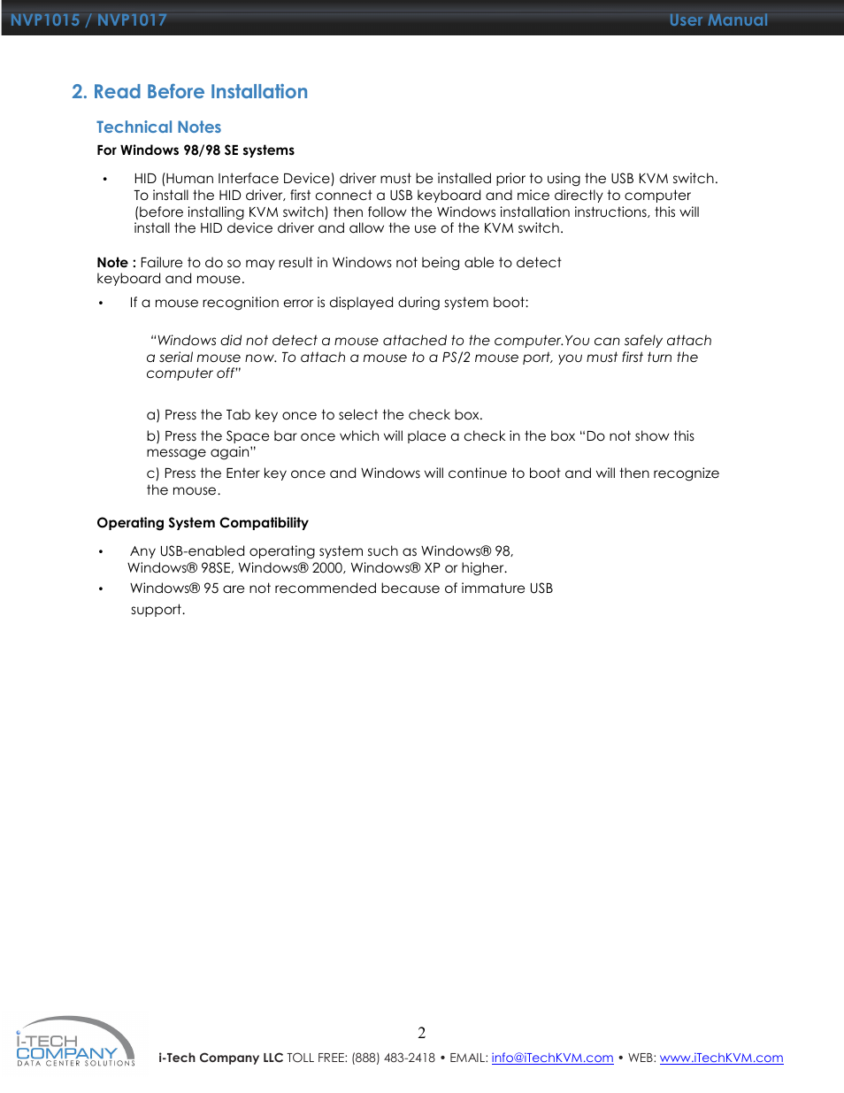 Read before installation | I-Tech Company NVP1017 User Manual | Page 3 / 33