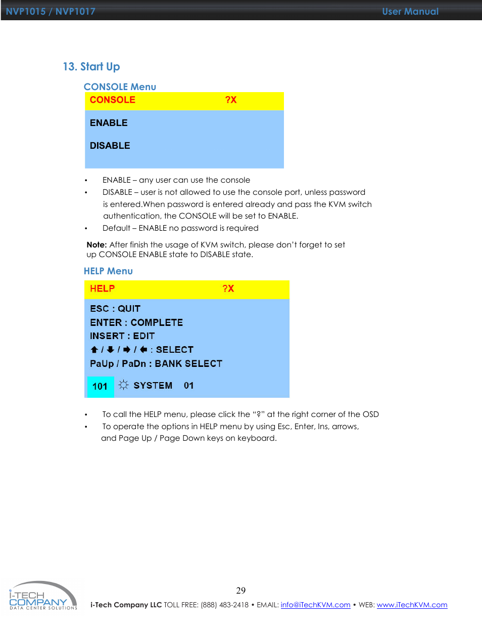 Start up | I-Tech Company NVP1017 User Manual | Page 30 / 33