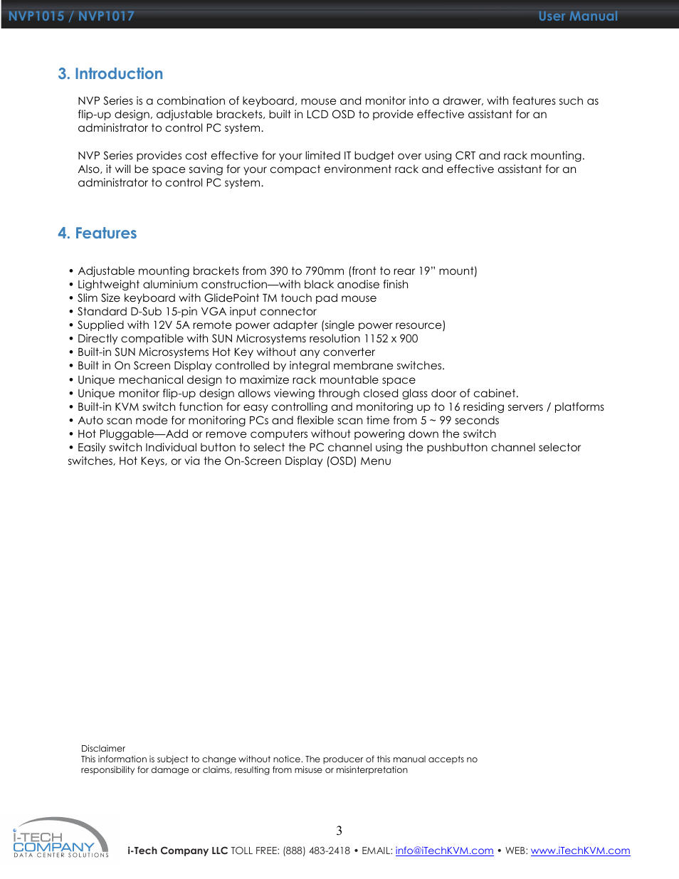 Introduction, Features | I-Tech Company NVP1017 User Manual | Page 4 / 33