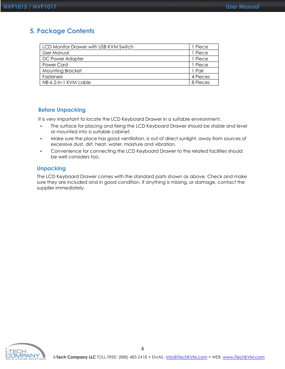 Package contents | I-Tech Company NVP1017 User Manual | Page 5 / 33