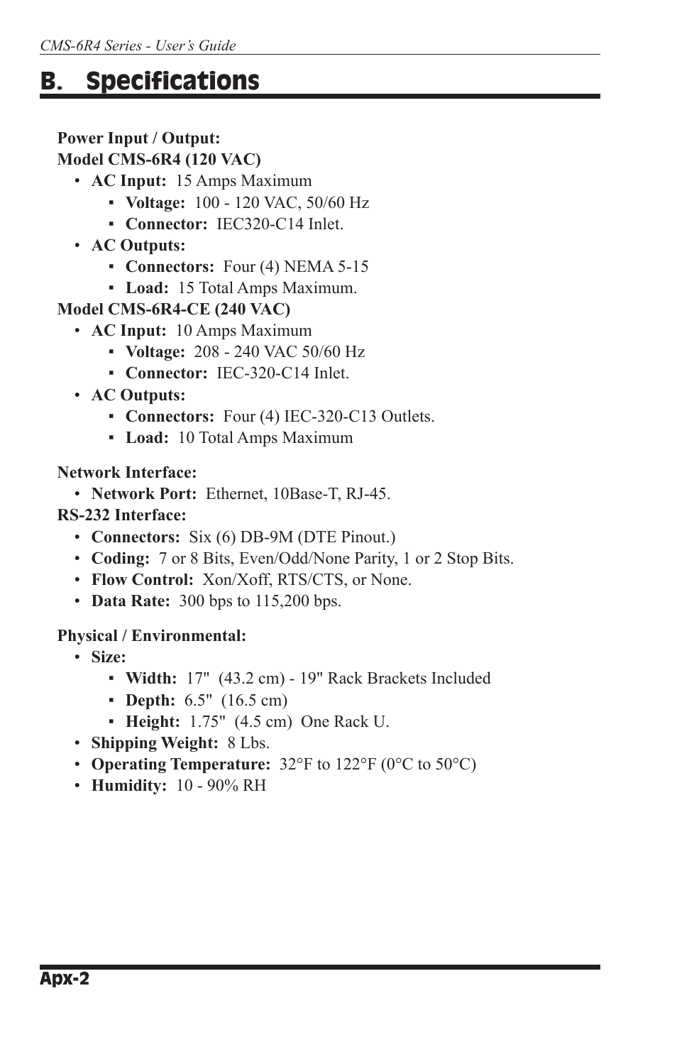 B. specifications | I-Tech Company CMS 6R4 Series User Manual | Page 116 / 123