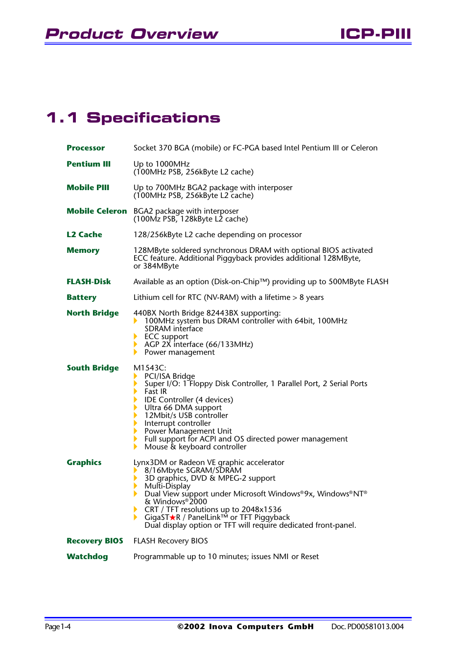 1 specifications, 1 specifications -4, Product overview | Icp-piii 1.1 specifications | Inova High Performance CPU board ICP-PII User Manual | Page 14 / 94