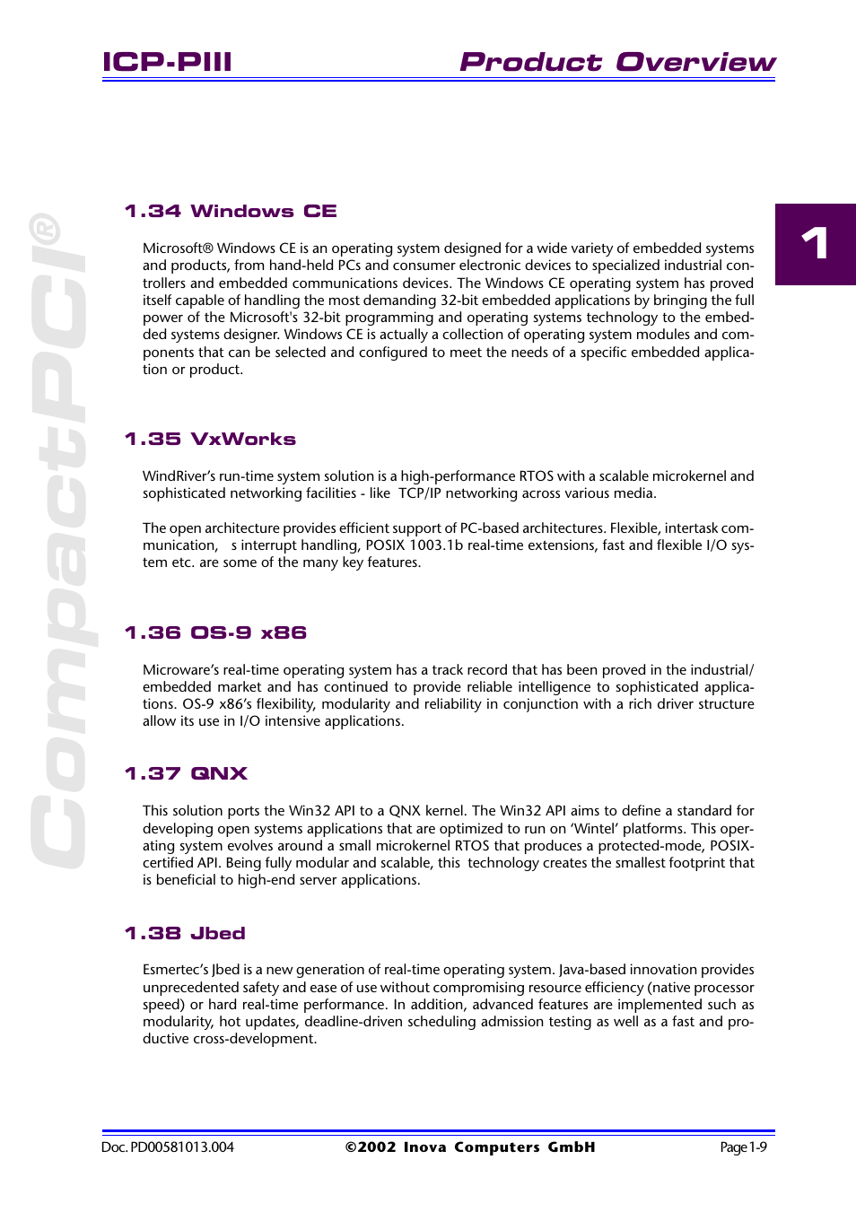 34 windows ce, 35 vxworks, 36 os-9 x86 | 37 qnx, 38 jbed, Compactpci, Product overview, Icp-piii | Inova High Performance CPU board ICP-PII User Manual | Page 19 / 94