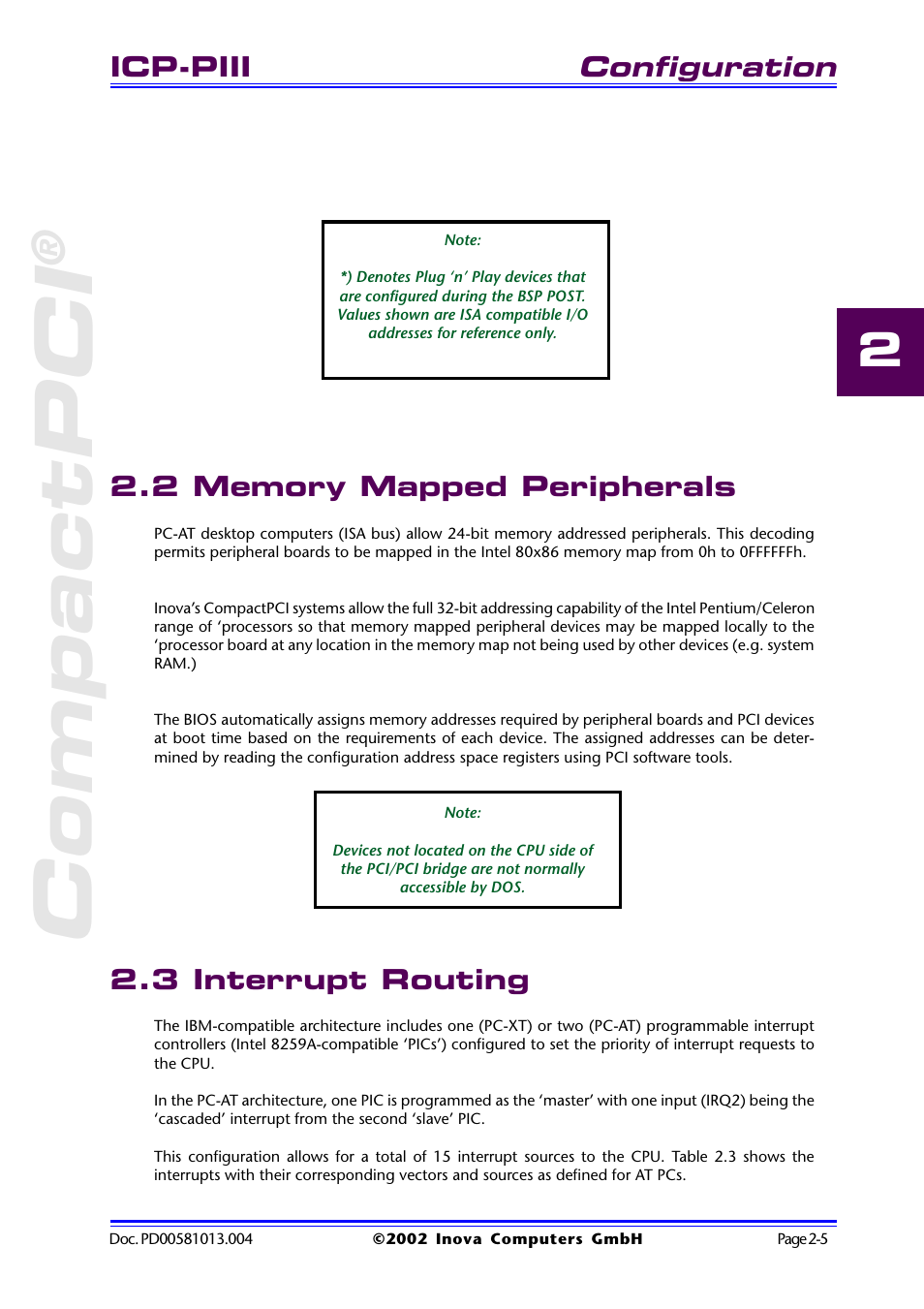 2 memory mapped peripherals, 3 interrupt routing, Compactpci | Configuration, Icp-piii | Inova High Performance CPU board ICP-PII User Manual | Page 29 / 94