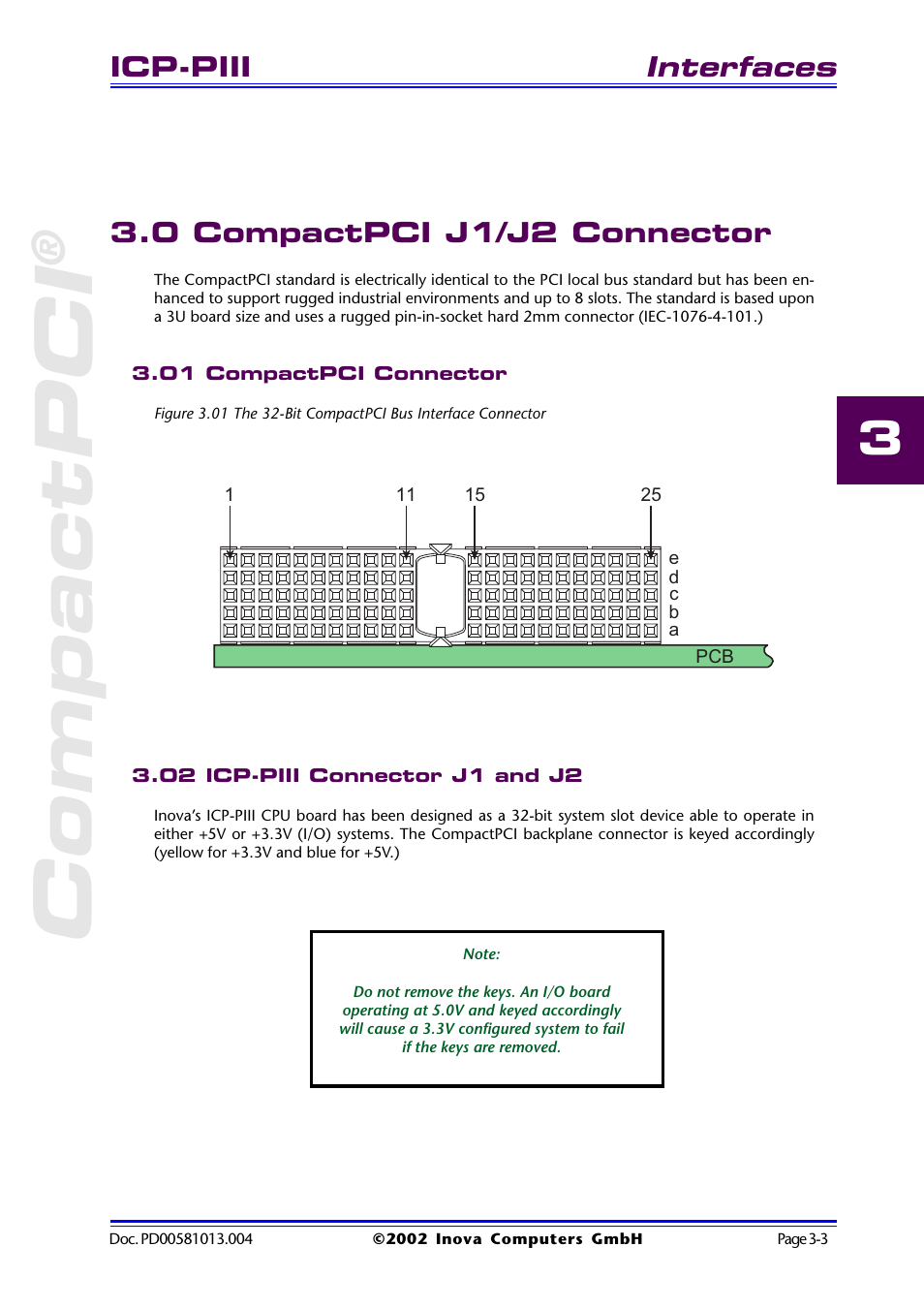 0 compactpci j1/j2 connector, 01 compactpci connector, 02 icp-piii connector j1 and j2 | 0 compactpci j1/j2 connector -3, 01 compactpci connector -3, 02 icp-piii connector j1 and j2 -3, Compactpci, Interfaces, Icp-piii | Inova High Performance CPU board ICP-PII User Manual | Page 37 / 94