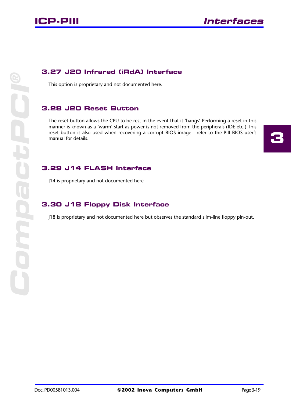 27 j20 infrared (irda) interface, 28 j20 reset button, 29 j14 flash interface | 30 j18 floppy disk interface, Compactpci | Inova High Performance CPU board ICP-PII User Manual | Page 53 / 94