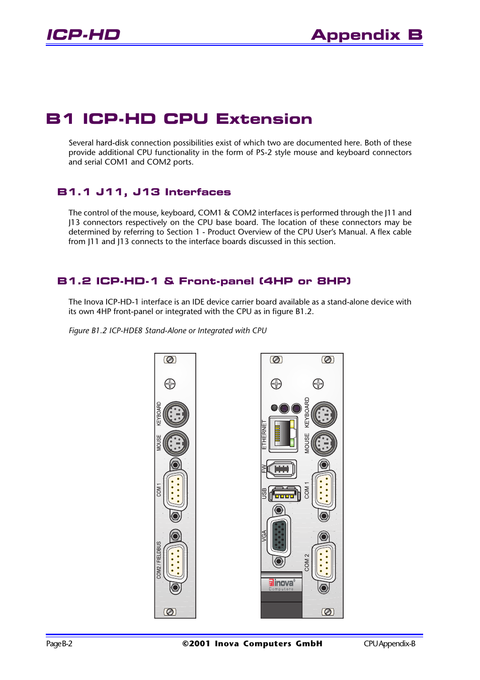 B1 icp-hd cpu extension, B1.1 j11, j13 interfaces, B1.2 icp-hd-1 & front-panel (4hp or 8hp) | B1 icp-hd cpu extension ............. b-2, Icp-hd, Appendix b b1 icp-hd cpu extension | Inova High Performance CPU board ICP-PII User Manual | Page 68 / 94