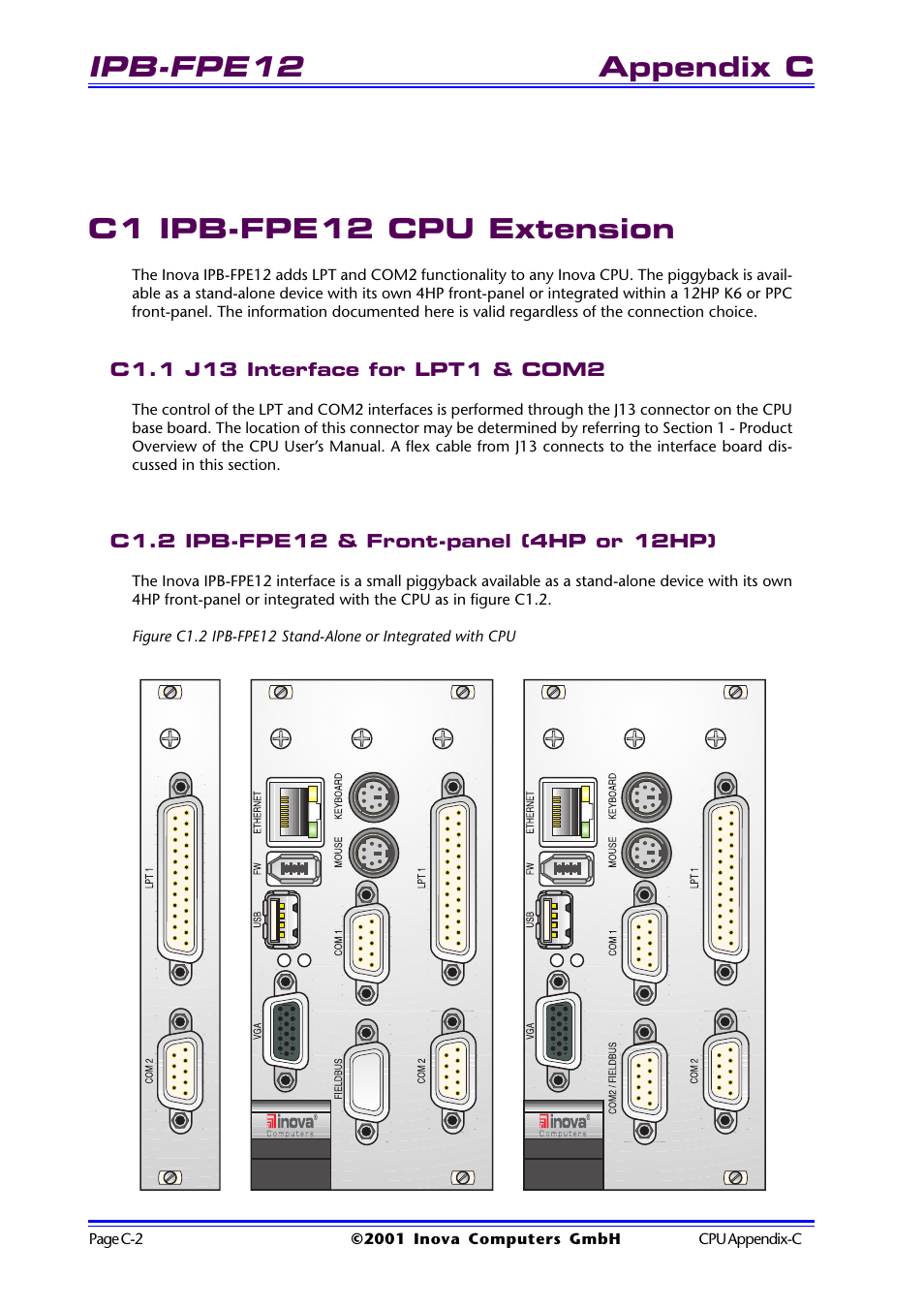 C1 ipb-fpe12 cpu extension, C1.1 j13 interface for lpt1 & com2, C1.2 ipb-fpe12 & front-panel (4hp or 12hp) | C1 ipb-fpe12 cpu extension ........ c-2, Ipb-fpe12, Appendix c c1 ipb-fpe12 cpu extension | Inova High Performance CPU board ICP-PII User Manual | Page 84 / 94