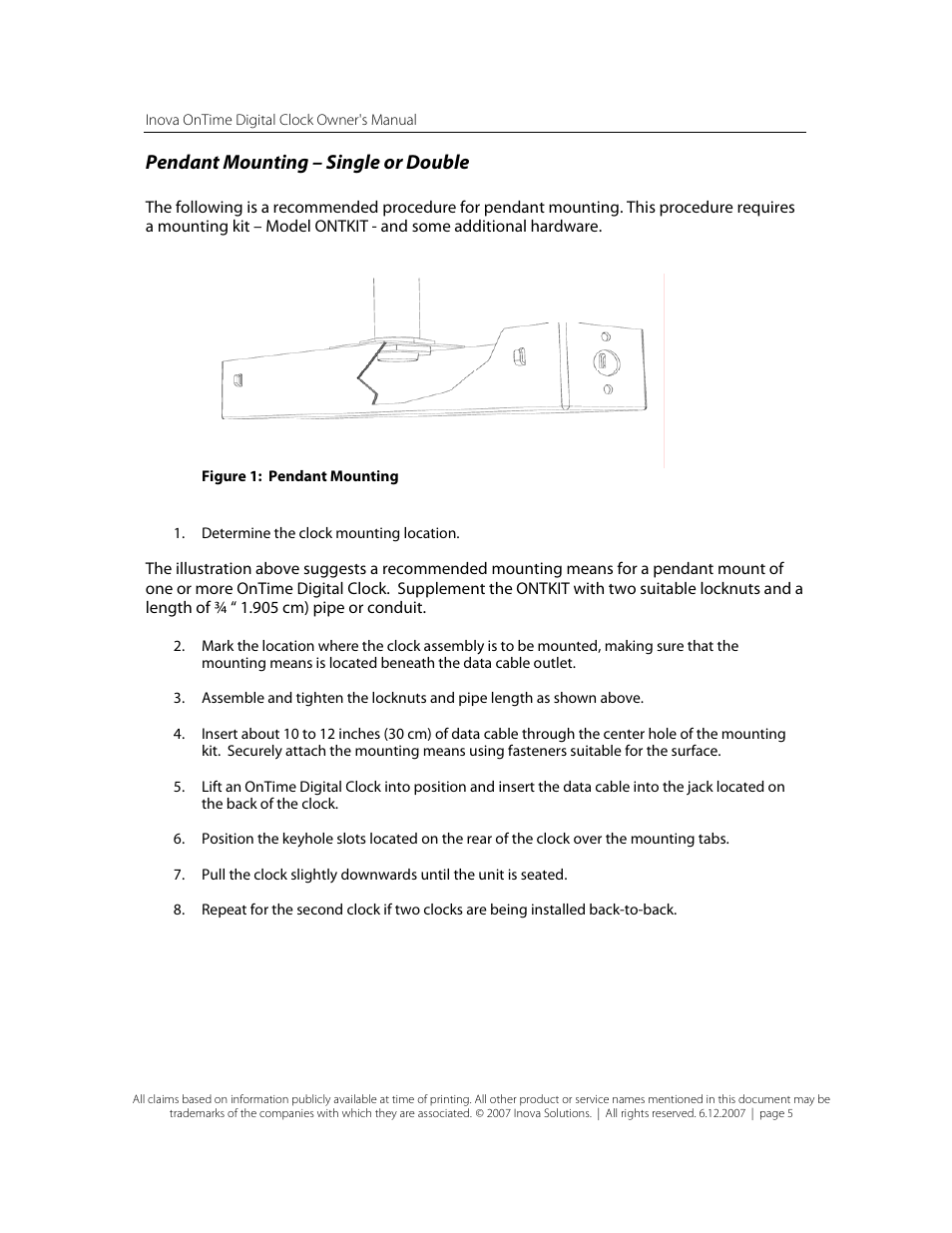 Pendant mounting – single or double, Figure 1: pendant mounting | Inova OnTimeTM User Manual | Page 10 / 34