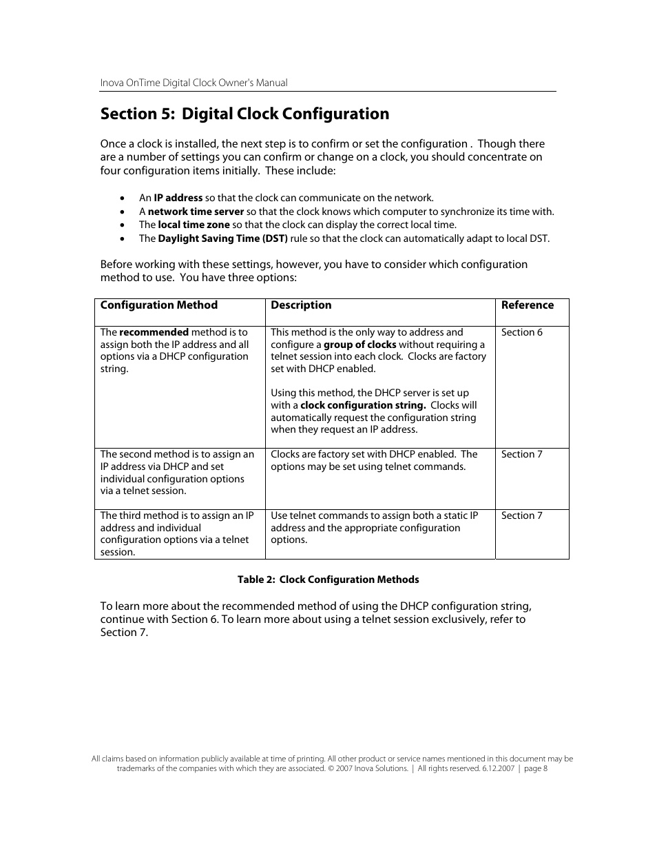 Section 5: digital clock configuration, Table 2: clock configuration methods | Inova OnTimeTM User Manual | Page 13 / 34