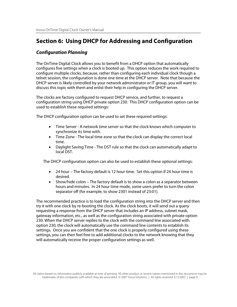 Configuration planning | Inova OnTimeTM User Manual | Page 14 / 34