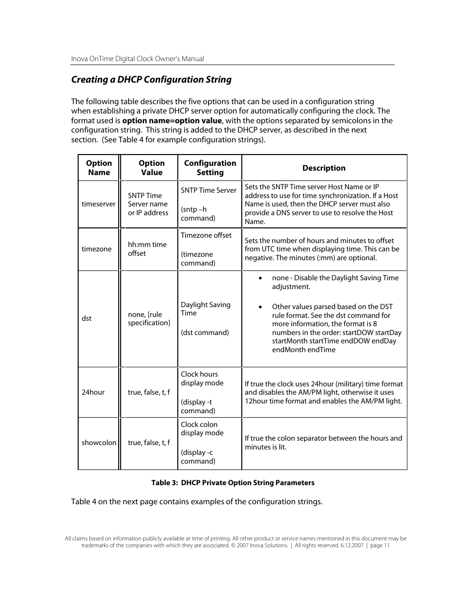 Creating a dhcp configuration string, Table 3: dhcp private option string parameters | Inova OnTimeTM User Manual | Page 16 / 34