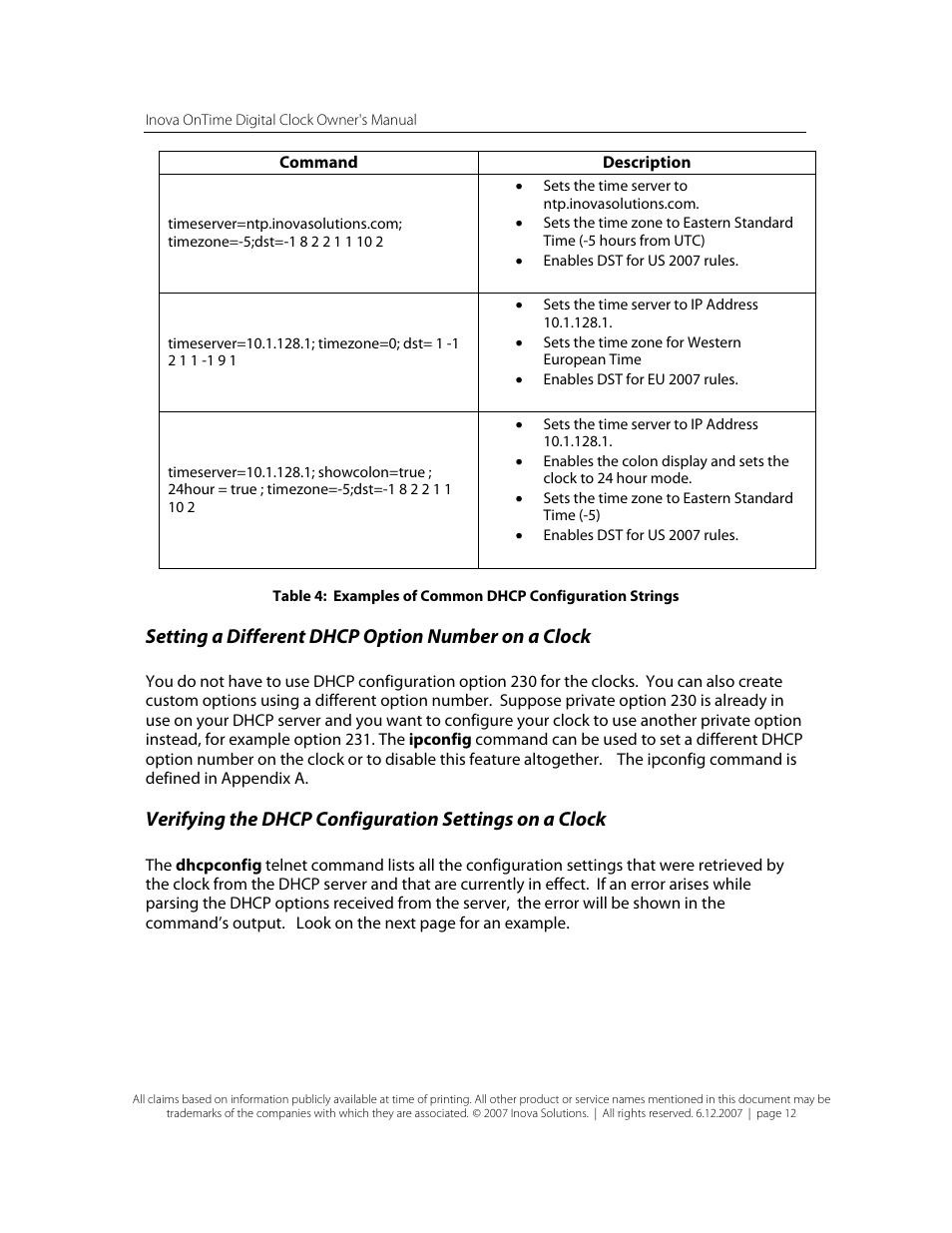 Setting a different dhcp option number on a clock | Inova OnTimeTM User Manual | Page 17 / 34
