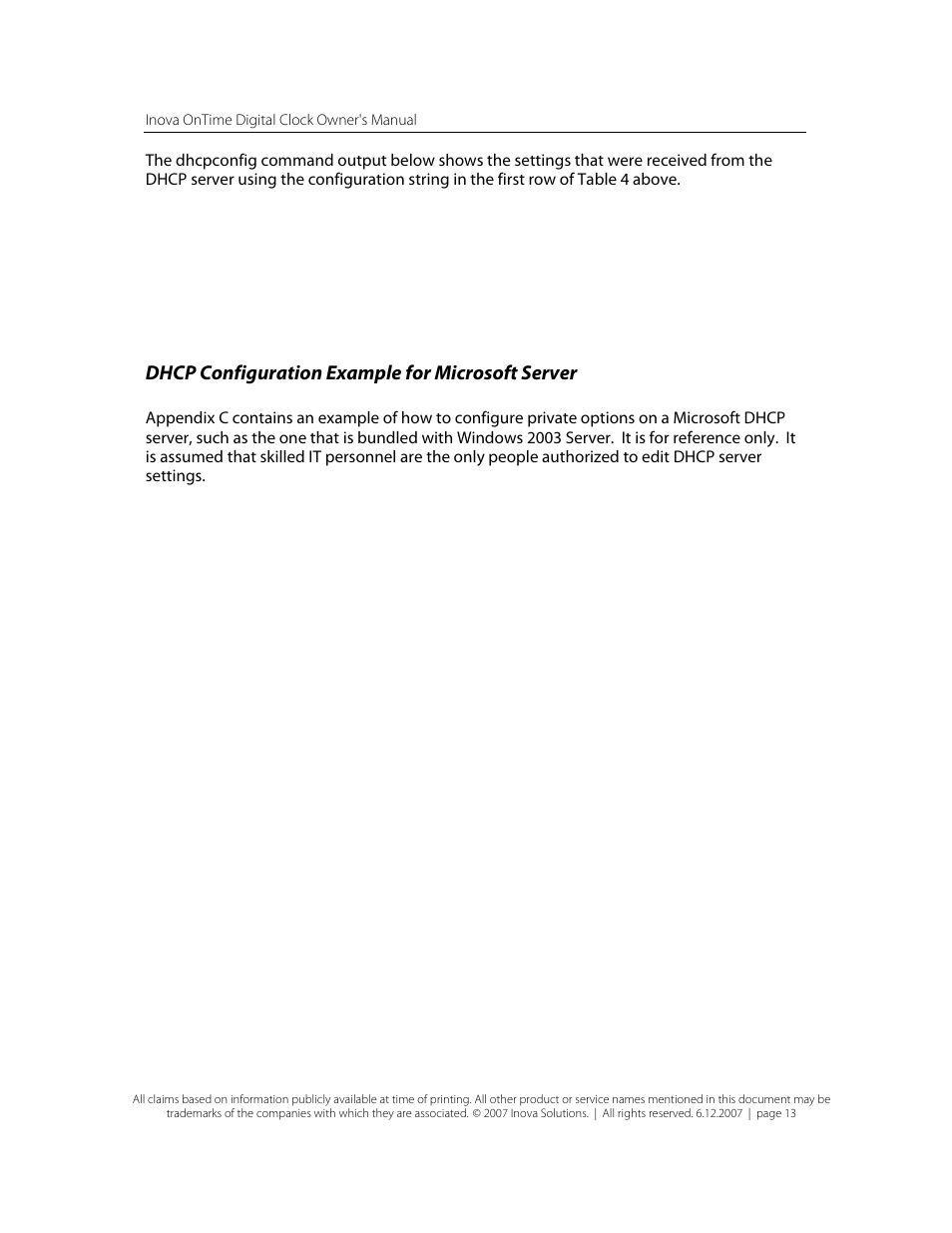 Dhcp configuration example for microsoft server | Inova OnTimeTM User Manual | Page 18 / 34